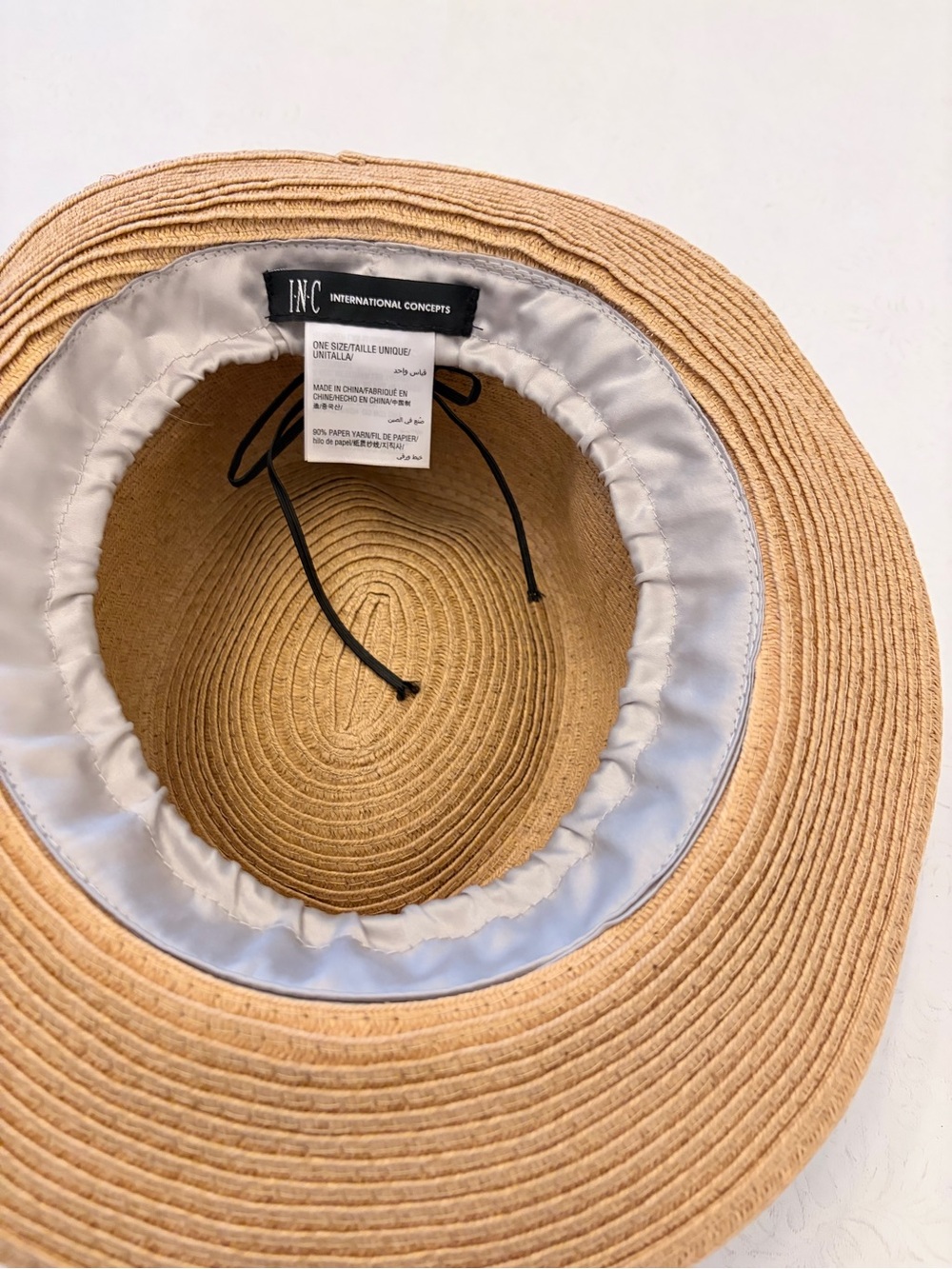 INC International Concepts Ladies Tan Straw Sunhat with Black Drawstring